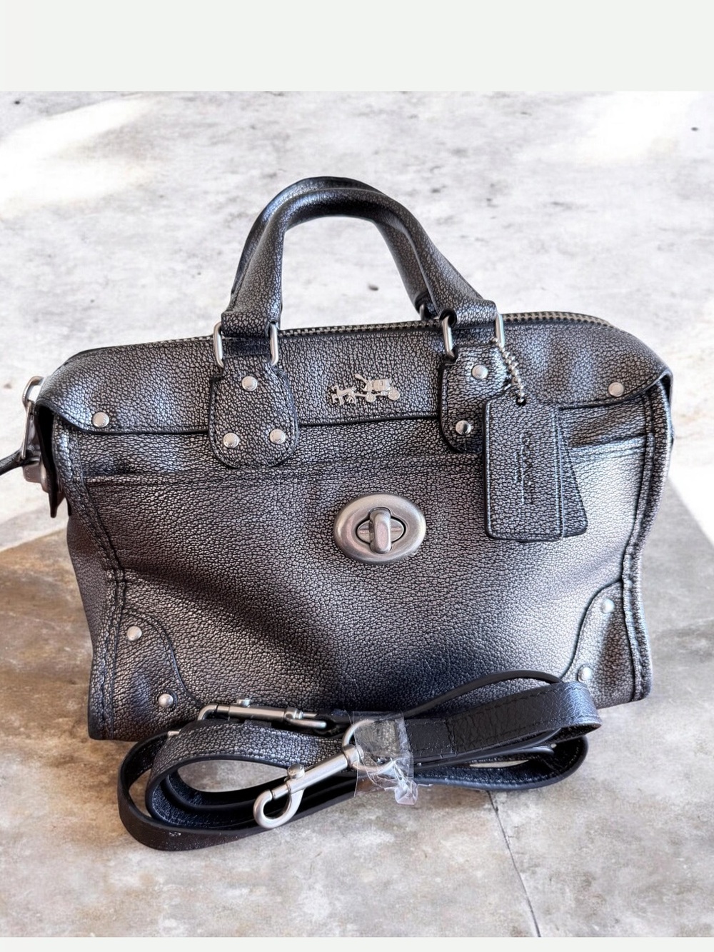 Coach Rhyder 24 metallic pewter Leather Satchel crossbody turn lock 2 hangtags